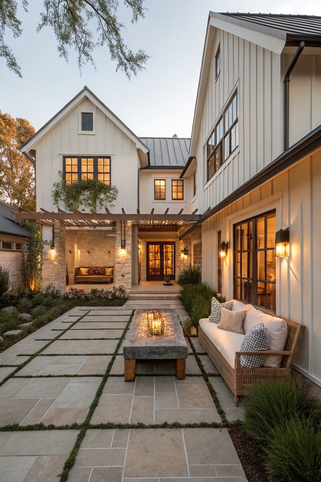 Twilight farmhouse courtyard with stone table, glowing candles, and cushioned sofa