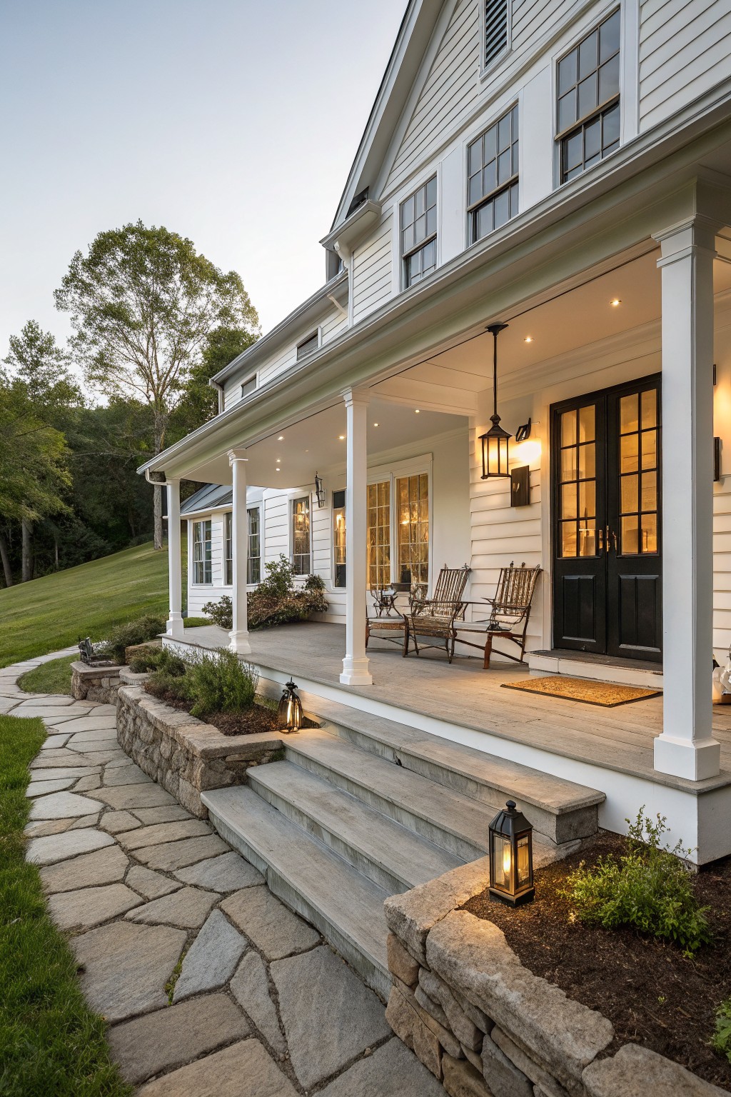 A white two-story farmhouse with a wide covered porch, black double doors, stone steps, and a flagstone walkway.