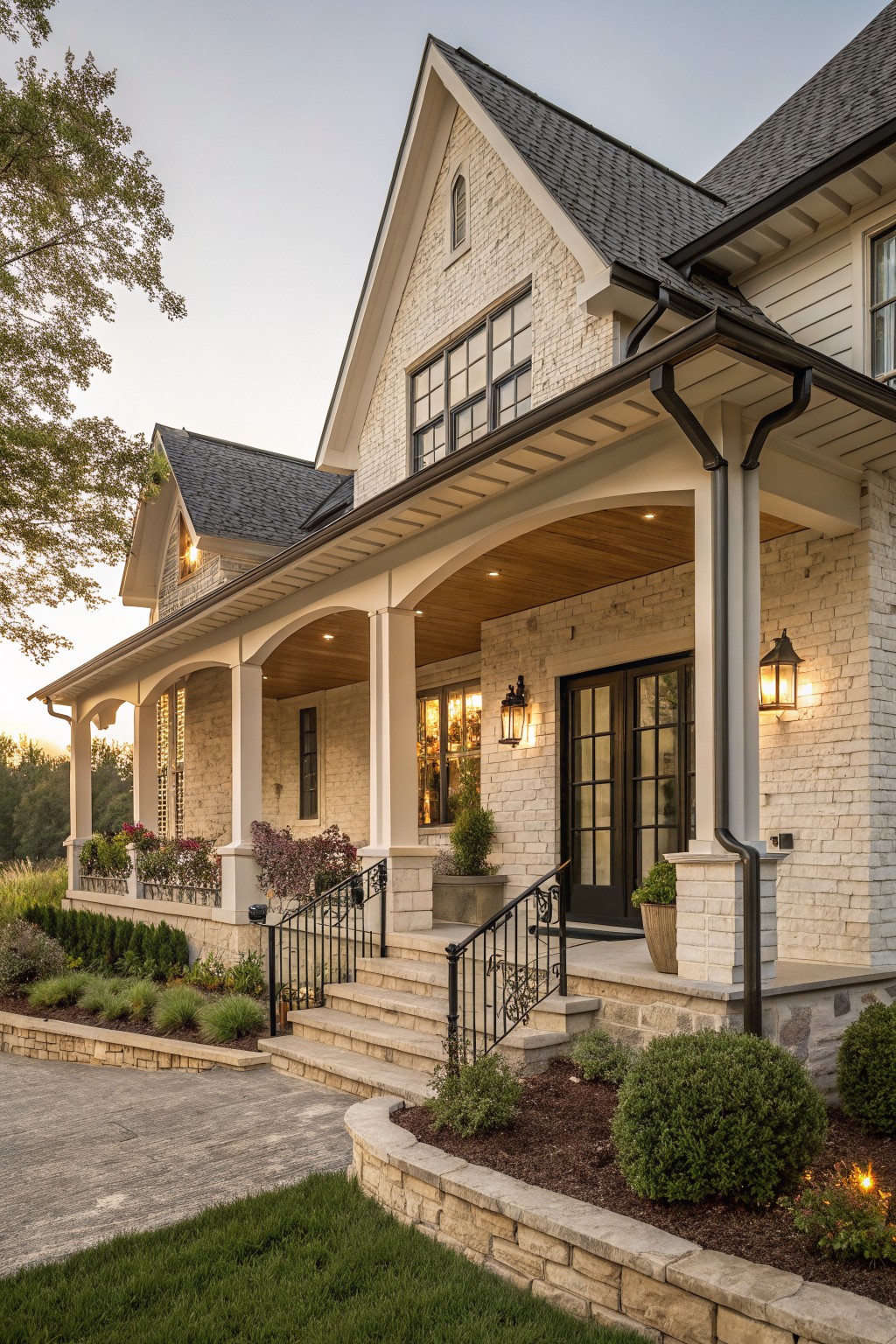 Front view of a white brick two-story house with a large covered porch supported by columns, arched openings, a wood ceiling, and dark-framed double doors at the entry.