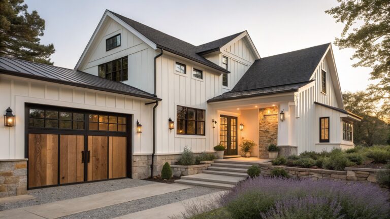 A two-story white farmhouse exterior with vertical siding, a stone entry wall, black-framed windows and doors, and large wooden garage doors.