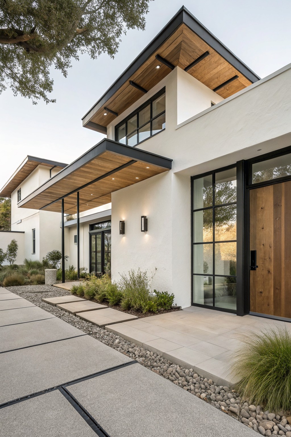 Modern farmhouse exterior with white stucco walls, black-framed windows and doors, wood ceilings under overhangs, and concrete pavers with gravel landscaping.