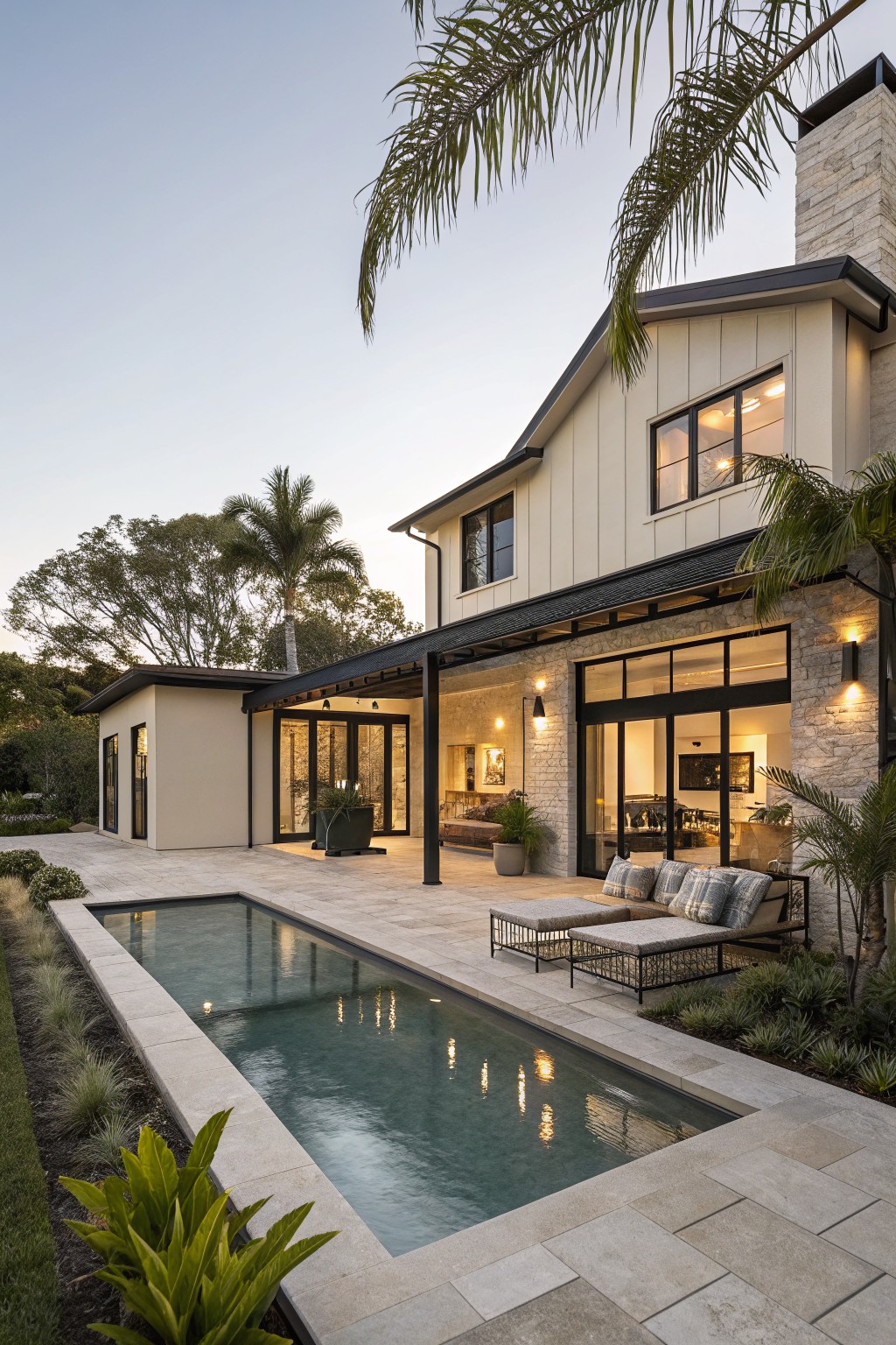 Modern farmhouse exterior with light siding, stone accents on the chimney and walls, black-framed windows and doors, and a rectangular pool with lounge seating on the patio.