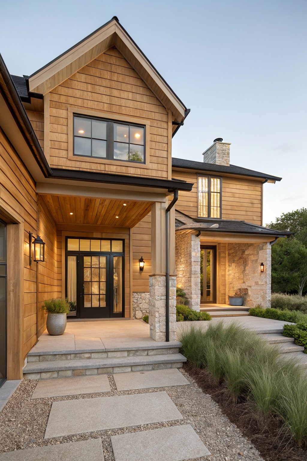 Front view of a two-story house with light wood siding, stone columns and accents at the entry, black-framed windows and doors, and a covered porch with steps leading to a gravel and stone path.