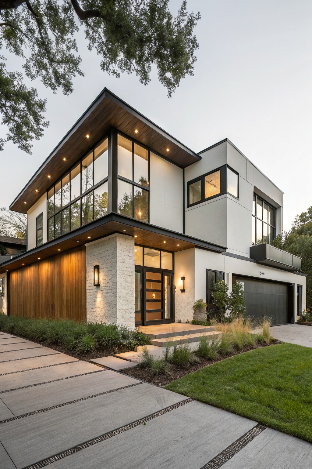 A modern two-story house with white walls, wood siding on the left side, stone around the entry, black window frames, and a concrete driveway.