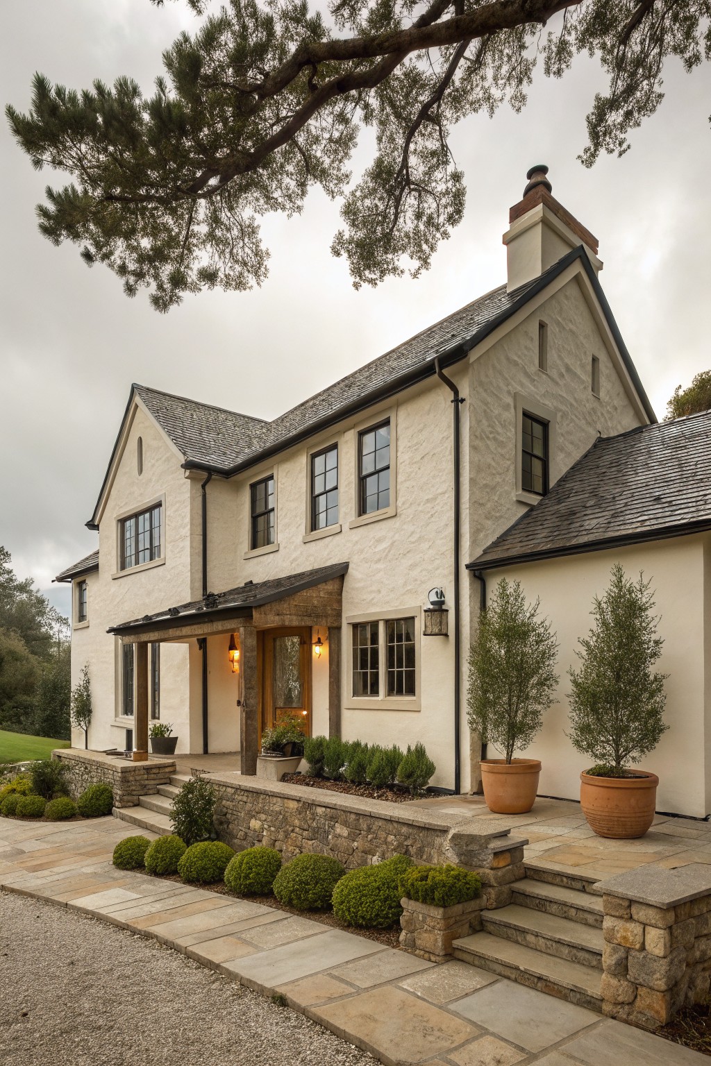 Large white stucco house with slate roof, stone patio, steps, and potted plants.
