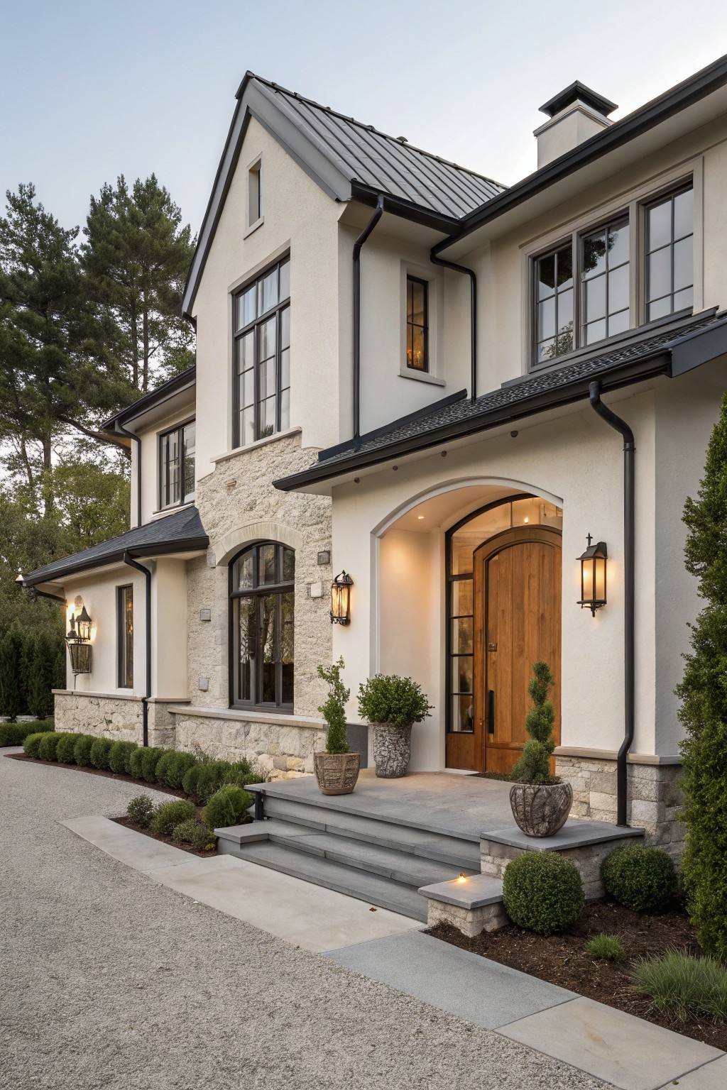 A two-story house exterior featuring a stone foundation, smooth white walls, a dark metal roof, multiple windows, and an arched entry with a wooden door.