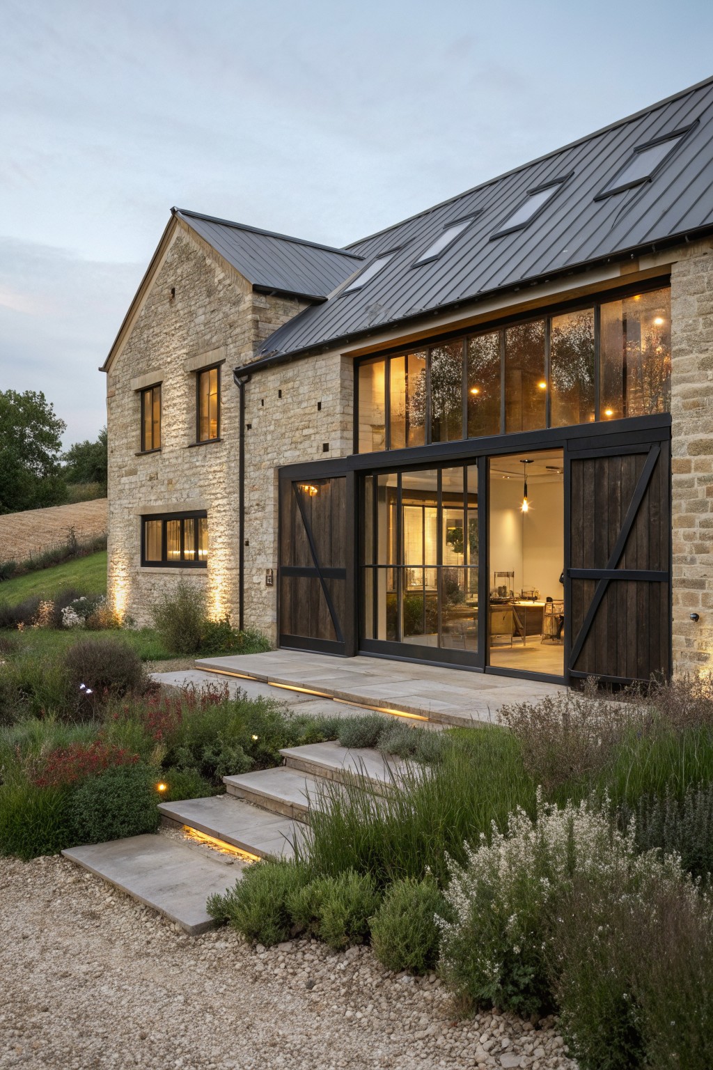 Modern stone barn with large glass doors, wooden shutters, and lit garden steps at dusk.