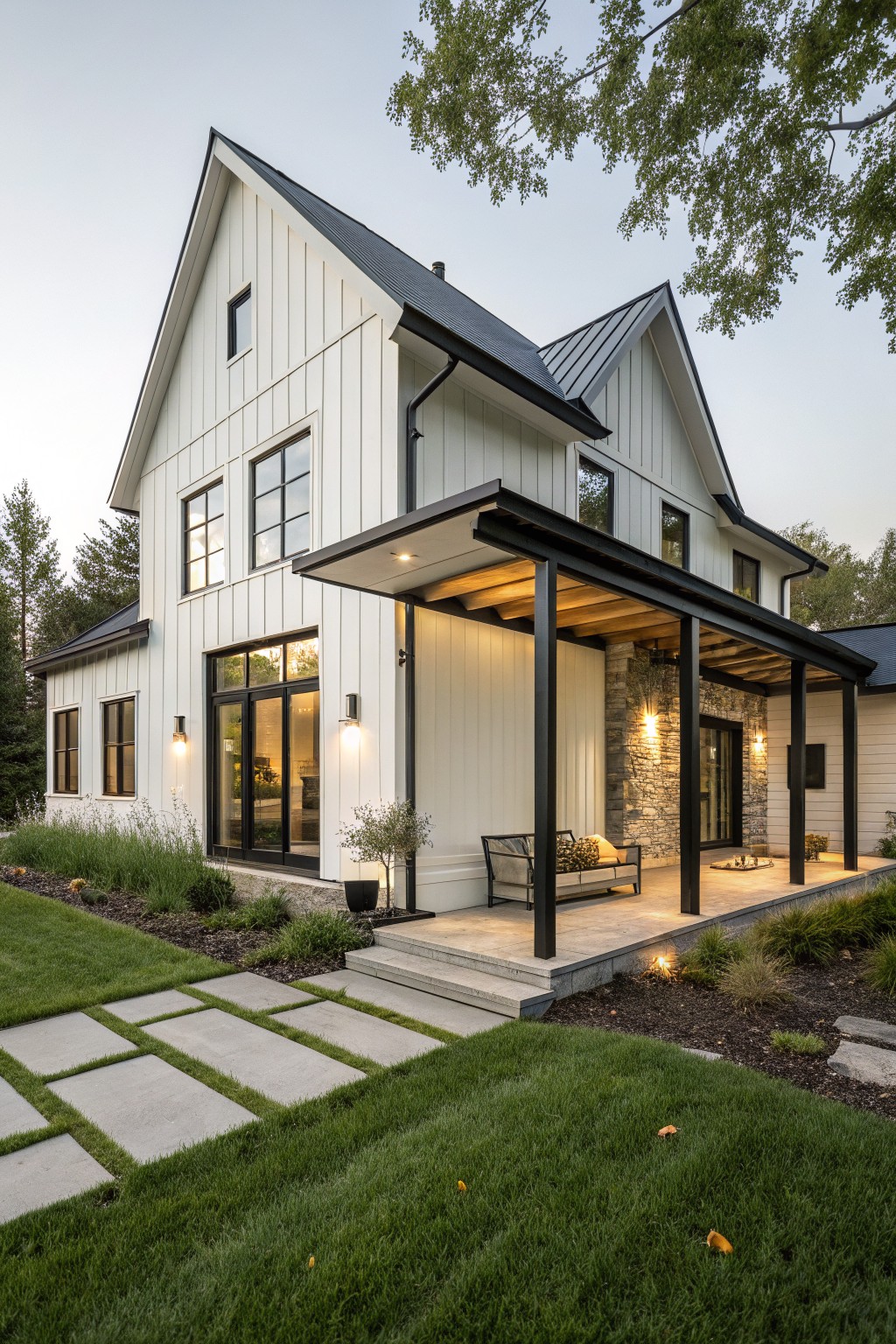 A white modern farmhouse with vertical siding, black metal roof, and a covered porch supported by black posts and stone columns.