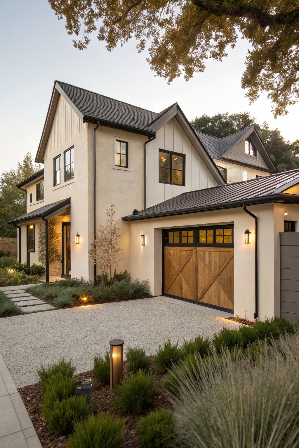 A modern farmhouse exterior with light stucco walls, a wooden double garage door, dark metal roof, and a gravel driveway.