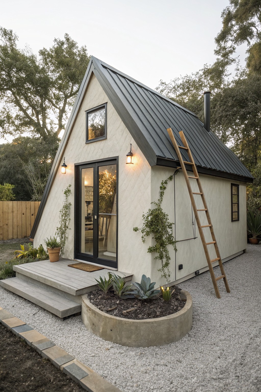 Small A-frame tiny house with white shiplap siding, black standing-seam metal roof, wooden ladder against the side, black-framed glass entry doors, lanterns on exterior, plants in pots and climber on wall, gravel yard with concrete planter.