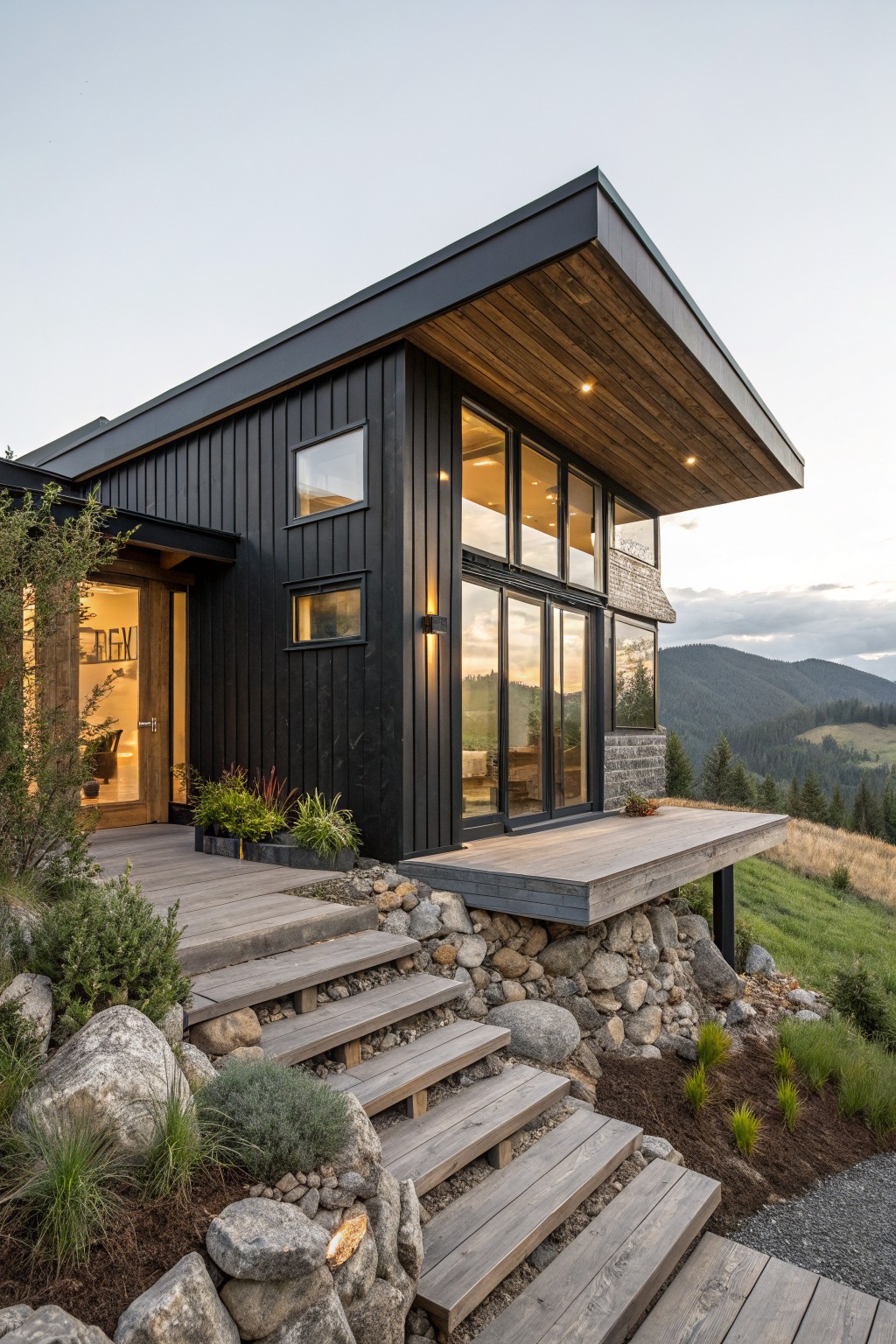 Modern tiny house with black vertical wood cladding, large glass windows and sliding doors, elevated wooden deck and stairs over rock retaining wall with plants, surrounded by grassy hillside and distant mountains at dusk.