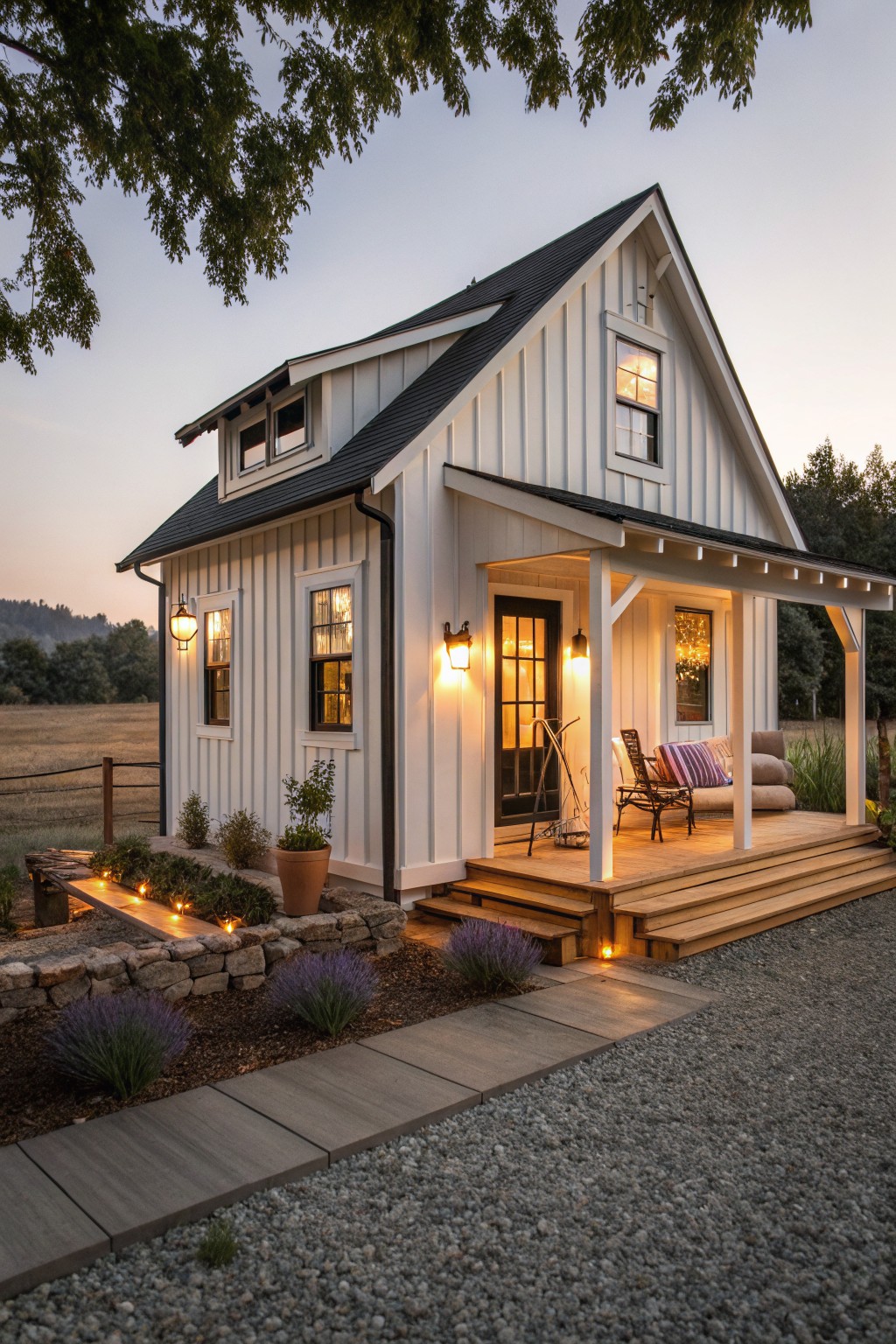 A small white vertical board-and-batten house with black roof, covered front porch featuring chairs and pillows, warm window lights, gravel path, lavender plants, and wood steps at dusk.