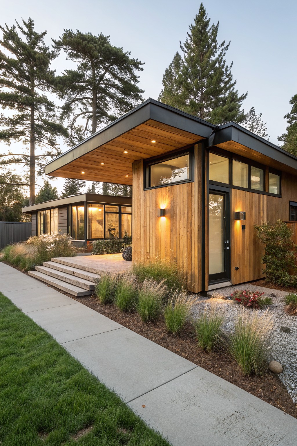Modern tiny house exterior with vertical cedar wood cladding, black metal roof and window frames, cantilevered wooden overhang over glass entry door and deck, flanked by grasses, steps, pathway, and tall trees at dusk.