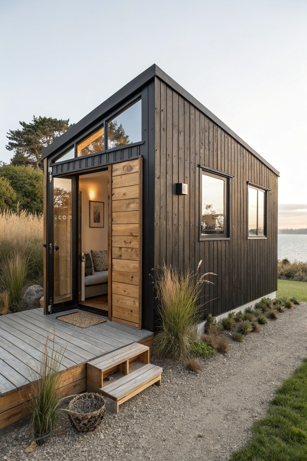 A small modern tiny house with black vertical wood siding, sloped roof, large triangular window, two side windows, open wooden sliding entry doors showing interior couch, on a gray deck with steps, surrounded by tall grasses and plants near a lake and trees at dusk.