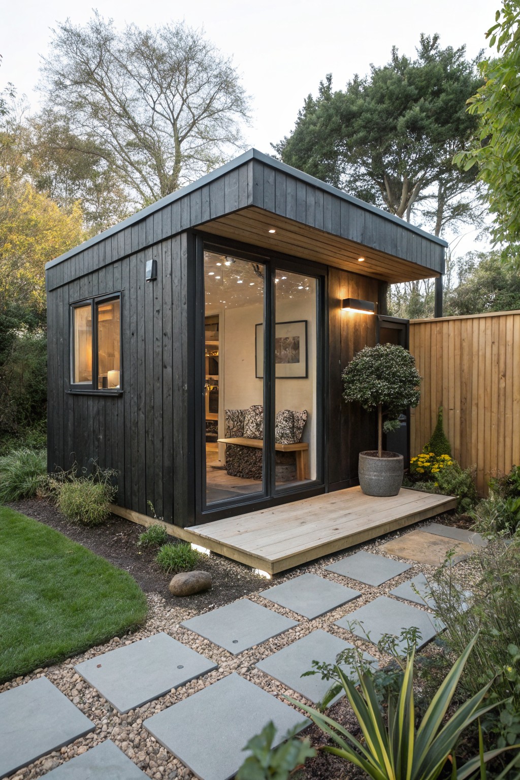 Small modern cabin with black vertical wood cladding, large sliding glass doors, wooden deck, stone path, plants, and trees in a backyard garden setting.