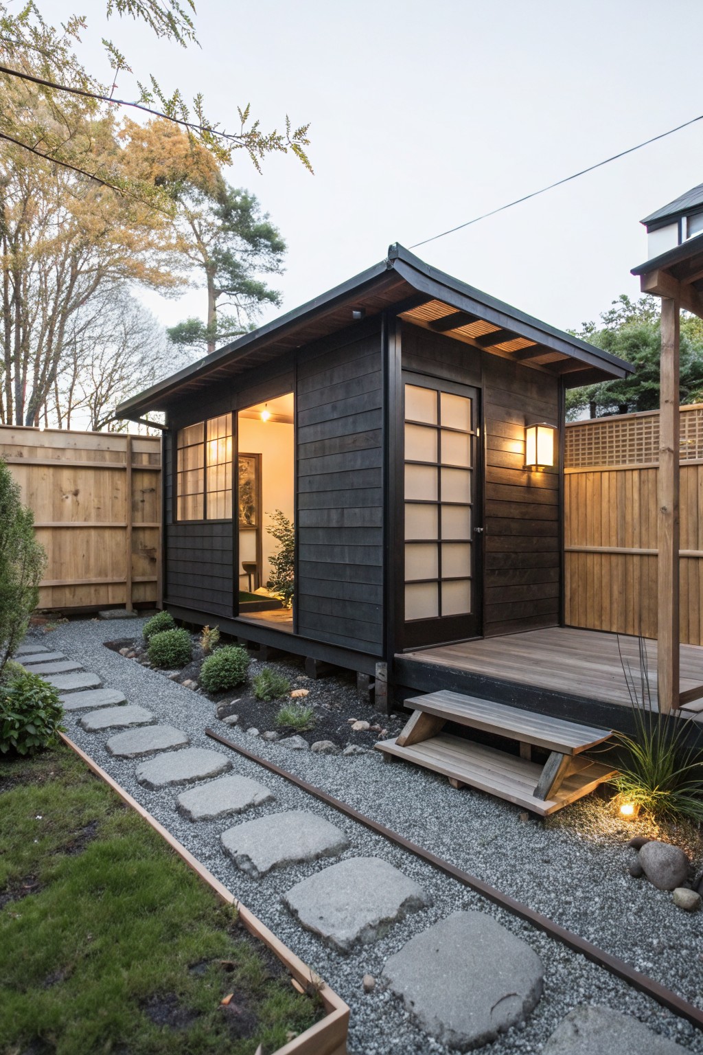 Small elevated black wooden tiny house with shoji doors and grid windows, wooden deck, gravel path, stepping stones, and surrounding plants and fence in a backyard.