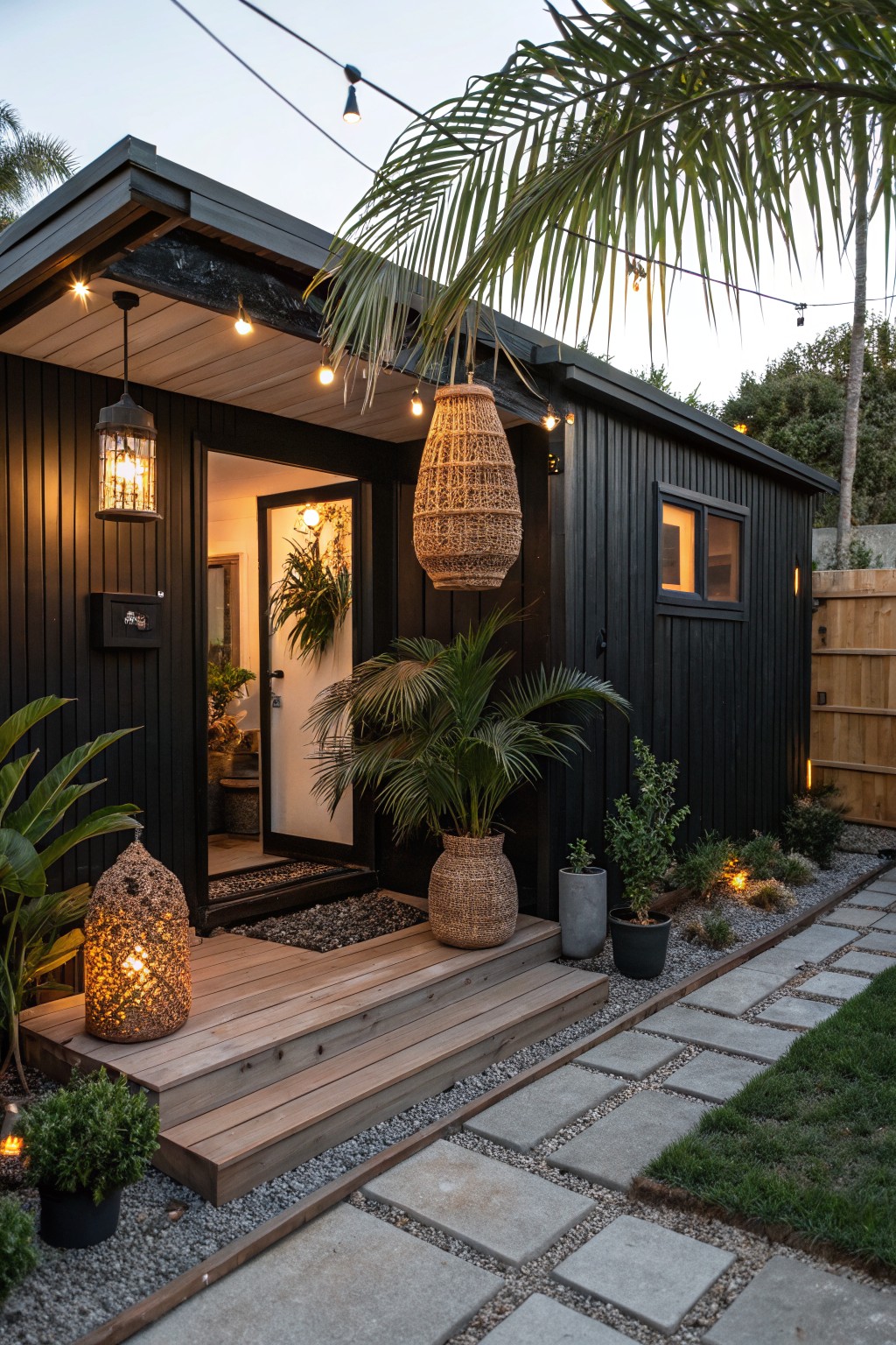 Small black shiplap-clad tiny house at dusk with open white front door, wooden porch steps, hanging rattan lanterns, string lights overhead, potted palms and ferns flanking the entry, and a stone path edged with gravel and low plants.