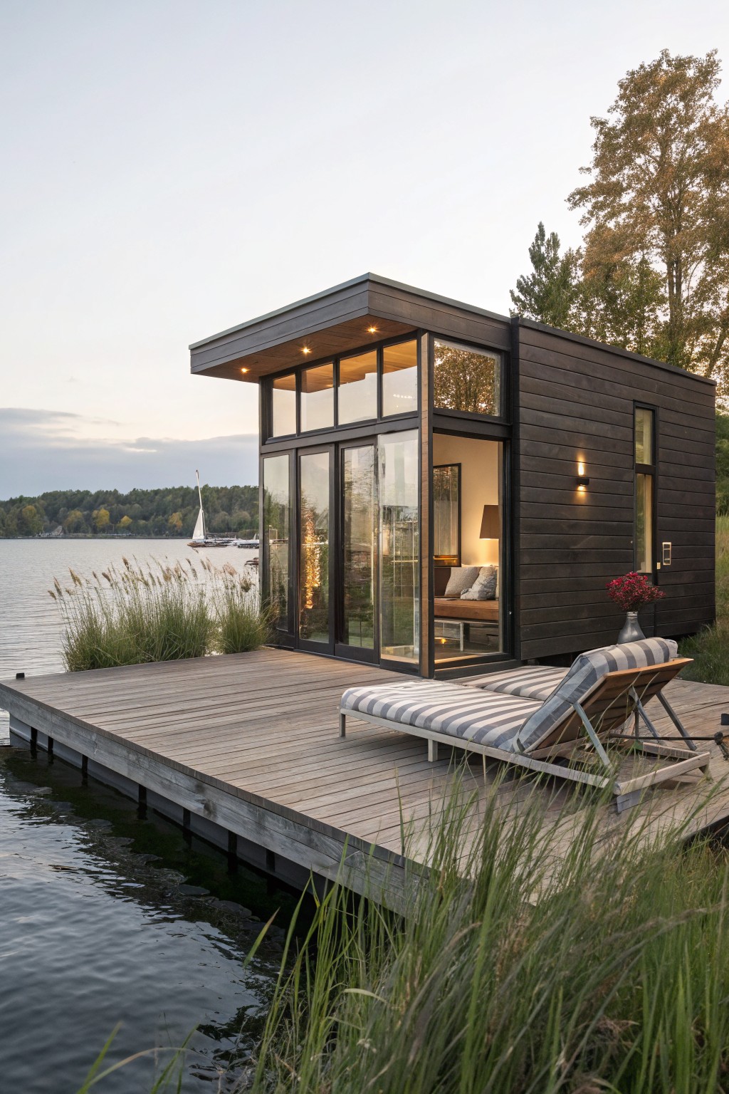 Small modern tiny house with dark wood cladding and large floor-to-ceiling glass walls on a wooden dock over a lake, surrounded by reeds, trees, and a distant sailboat.