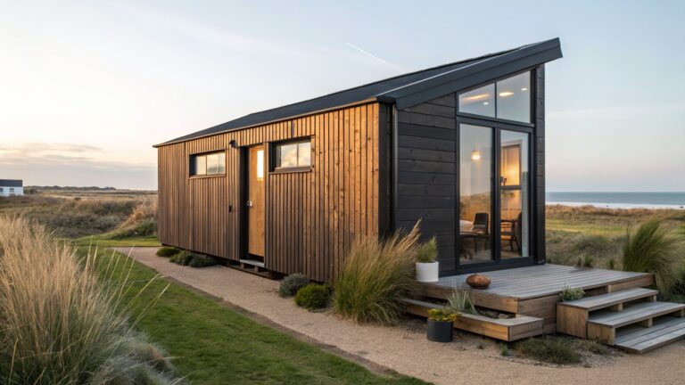 A small modern tiny house with black vertical wood siding, sloped roof, large triangular window, two side windows, open wooden sliding entry doors showing interior couch, on a gray deck with steps, surrounded by tall grasses and plants near a lake and trees at dusk.