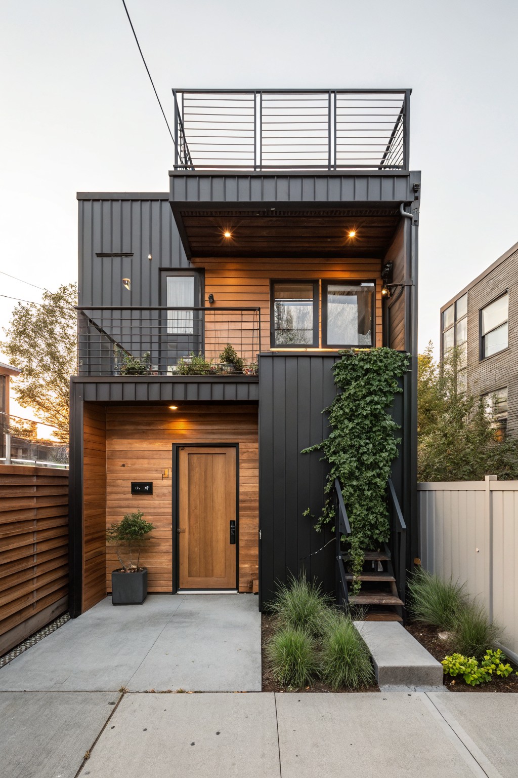 Two-story modern tiny house exterior featuring black corrugated metal cladding, horizontal wood siding accents, a wooden front door, metal balcony railing, ivy climbing one side, and a small front yard with grasses and a fence.