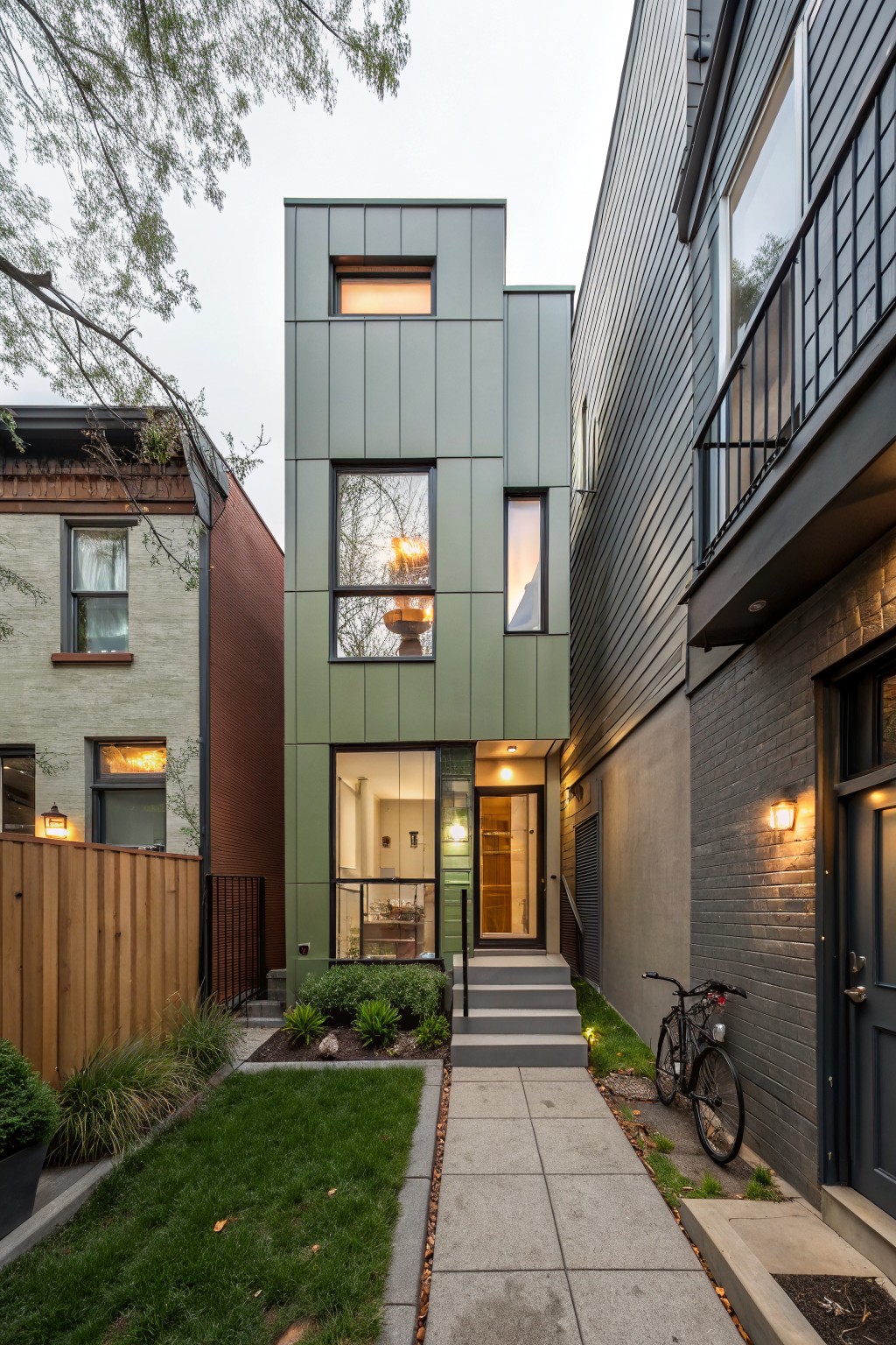 Narrow three-story modern house with green metal cladding, large windows, small front yard with grass and gravel path, entry steps, bicycle parked against adjacent brick building, trees and fence nearby.