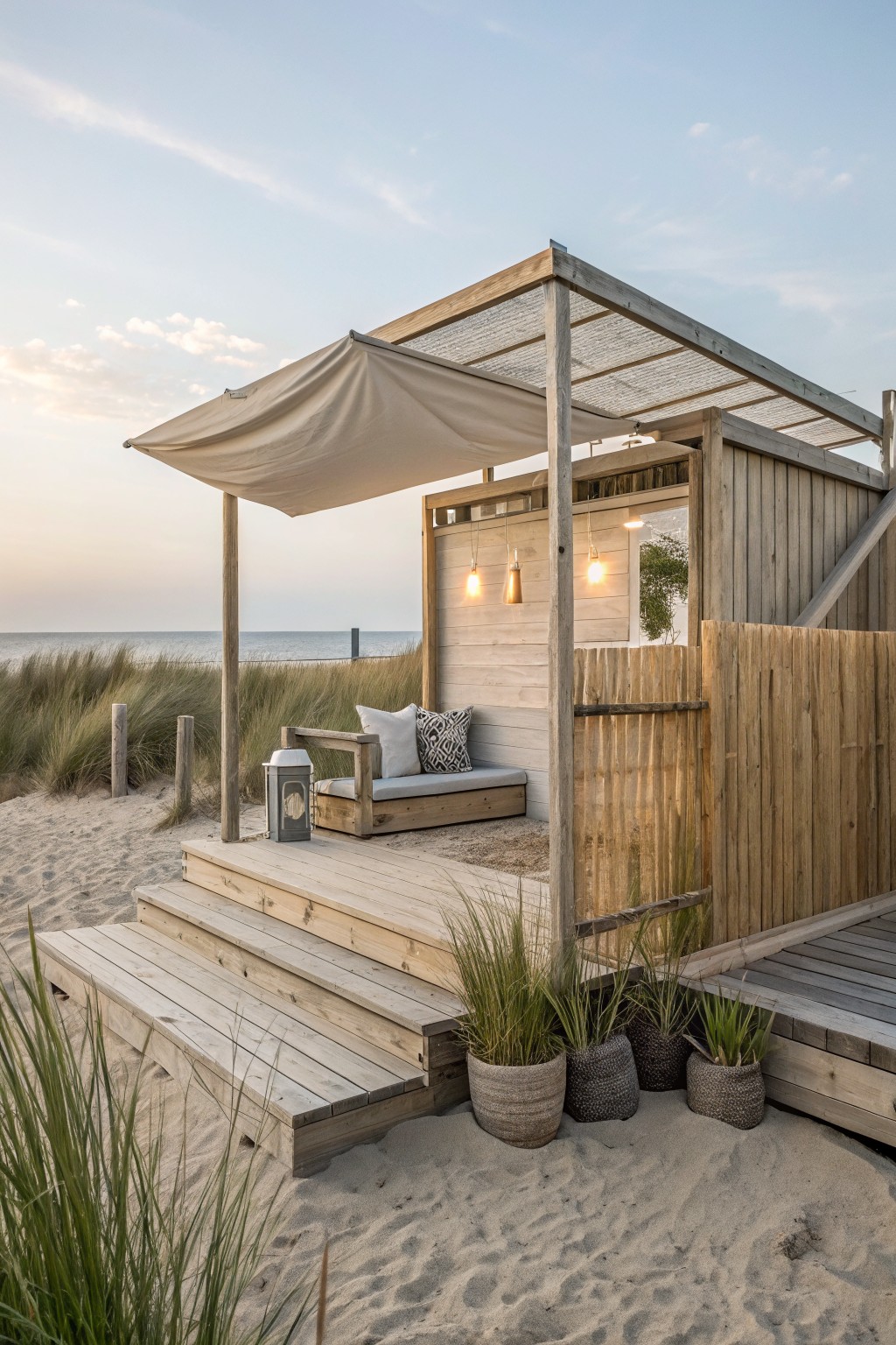 Wooden deck on beach sand with steps leading to a platform, built-in cushioned bench, draped beige canopy, bamboo privacy screens, hanging lanterns, potted grasses, and distant ocean view.