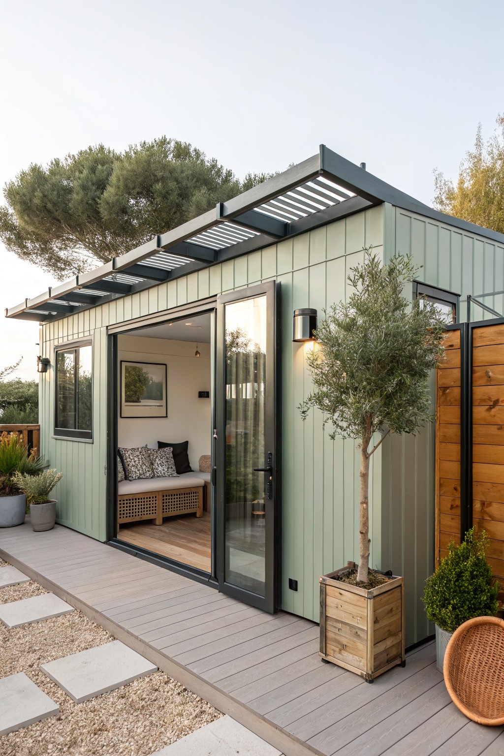Compact sage green tiny house with vertical wood cladding, black slatted overhang, large open black-framed glass doors, wooden deck, potted plants, and wooden fencing in a backyard setting.