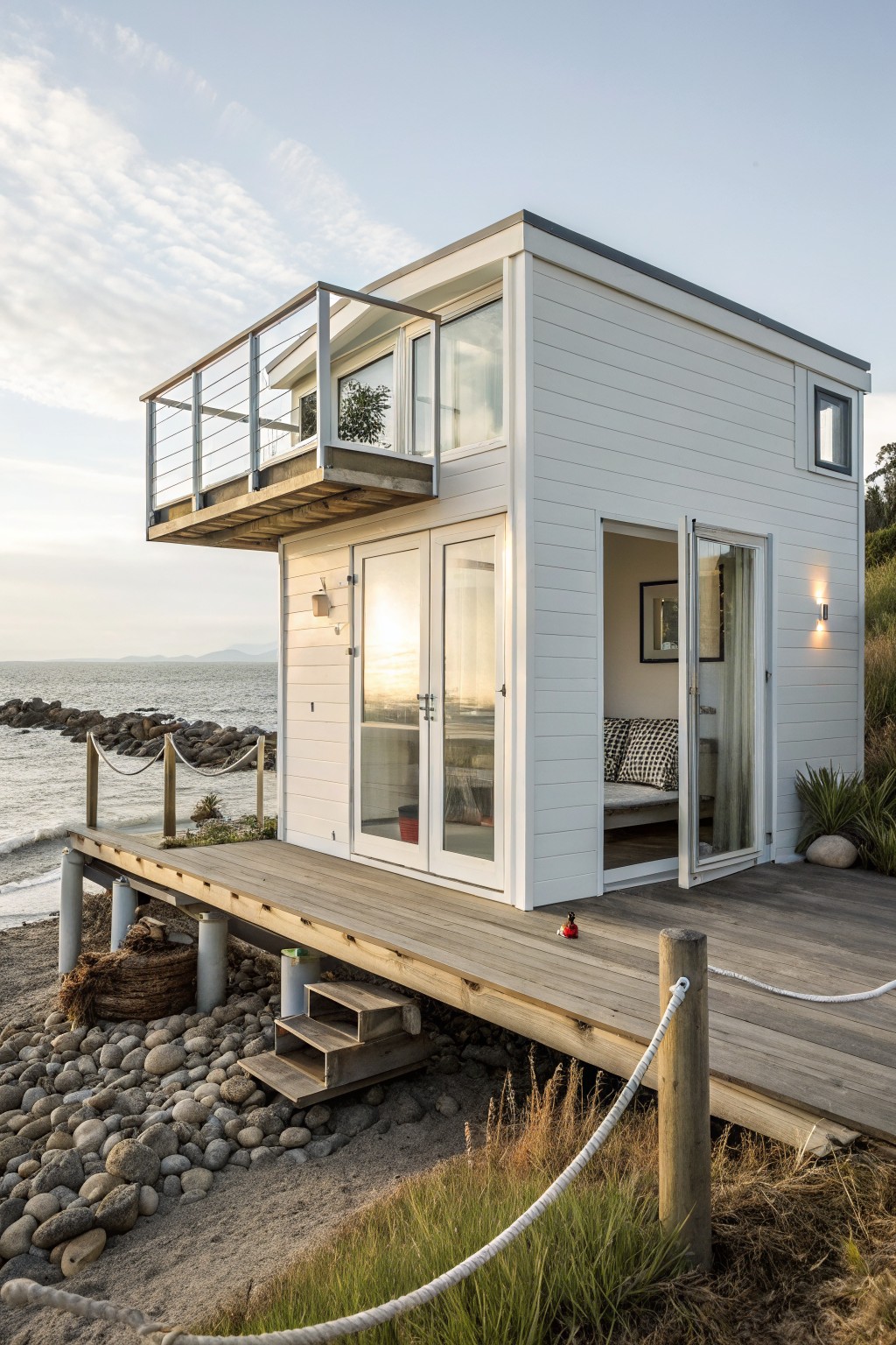 A small white modern tiny house elevated on wooden pilings above a pebbly beach, with a balcony, open glass doors, wooden deck, and ocean view.