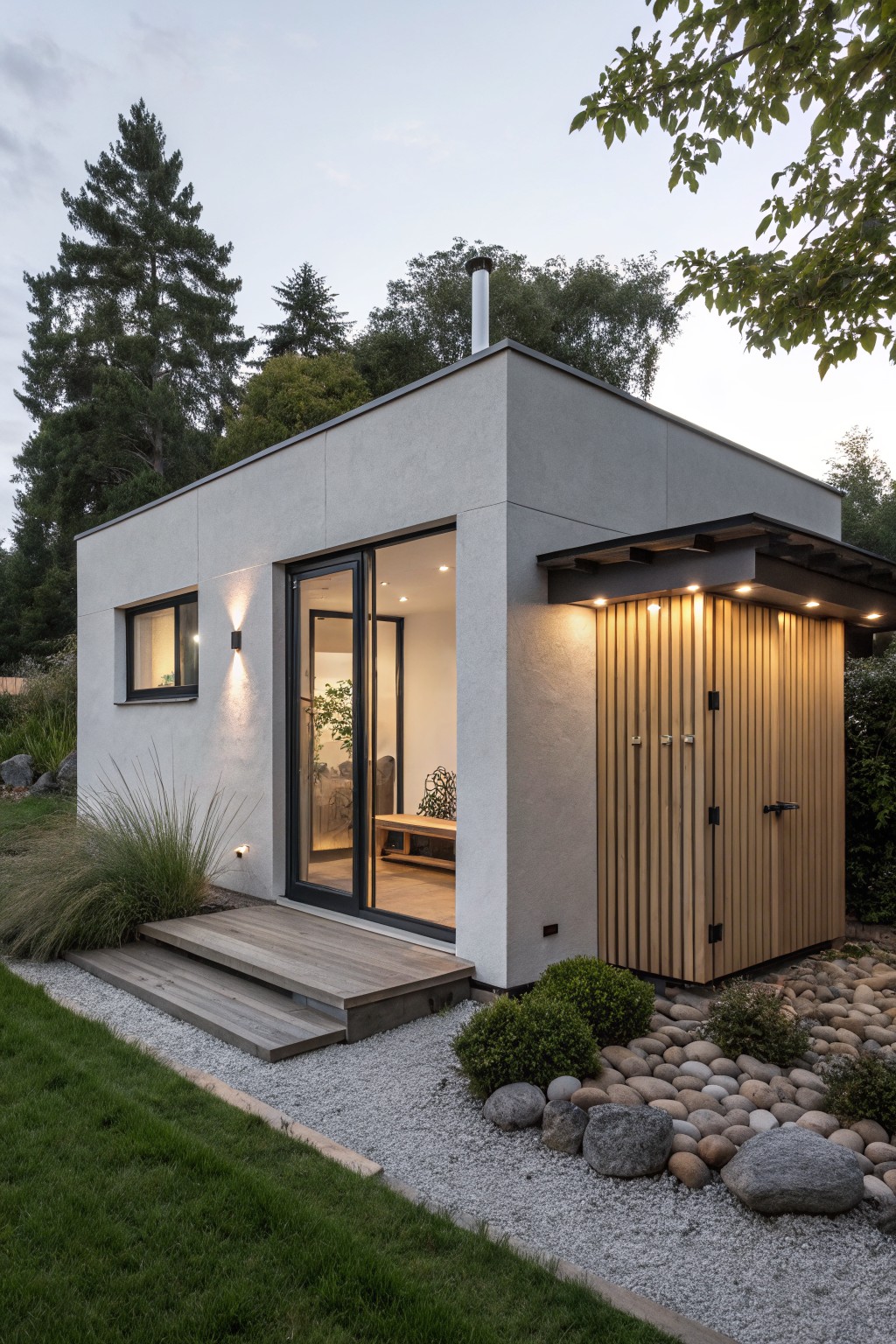 Compact modern tiny house with white stucco walls, black-framed glass sliding door and window, wooden deck steps, vertical wood slat enclosure with black metal roof overhang, gravel landscaping with grasses and rocks, surrounded by trees at dusk.