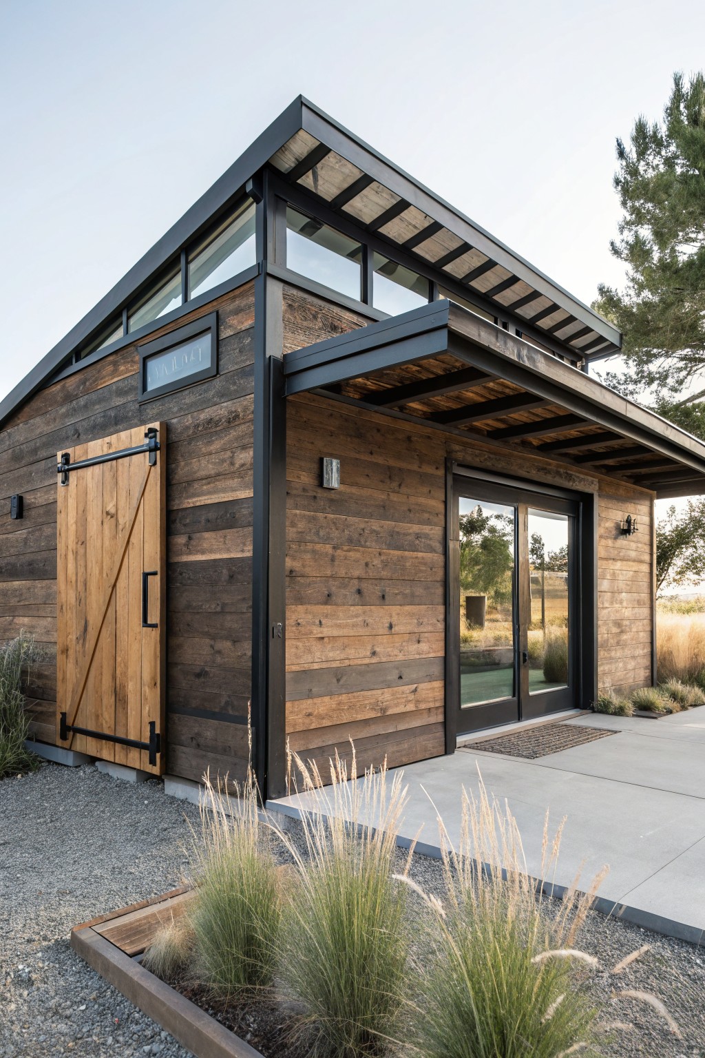 Small modern tiny house with vertical reclaimed wood siding, black metal roof and framing, barn-style sliding door, glass entry doors, gravel yard, and ornamental grasses.