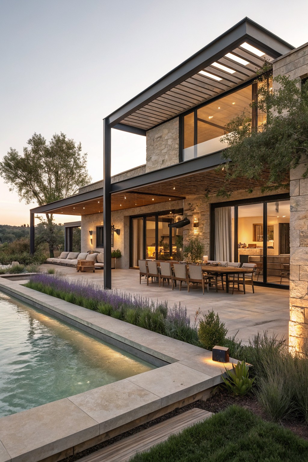 A modern stone house with a covered patio, long wooden dining table and chairs, and a rectangular pool along the edge of the stone deck.