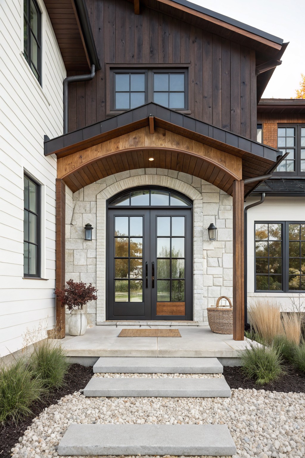 A two-story modern farmhouse exterior with dark wood siding, white board and batten, a stone arched entry framing black double doors, and concrete steps leading to a gravel path.