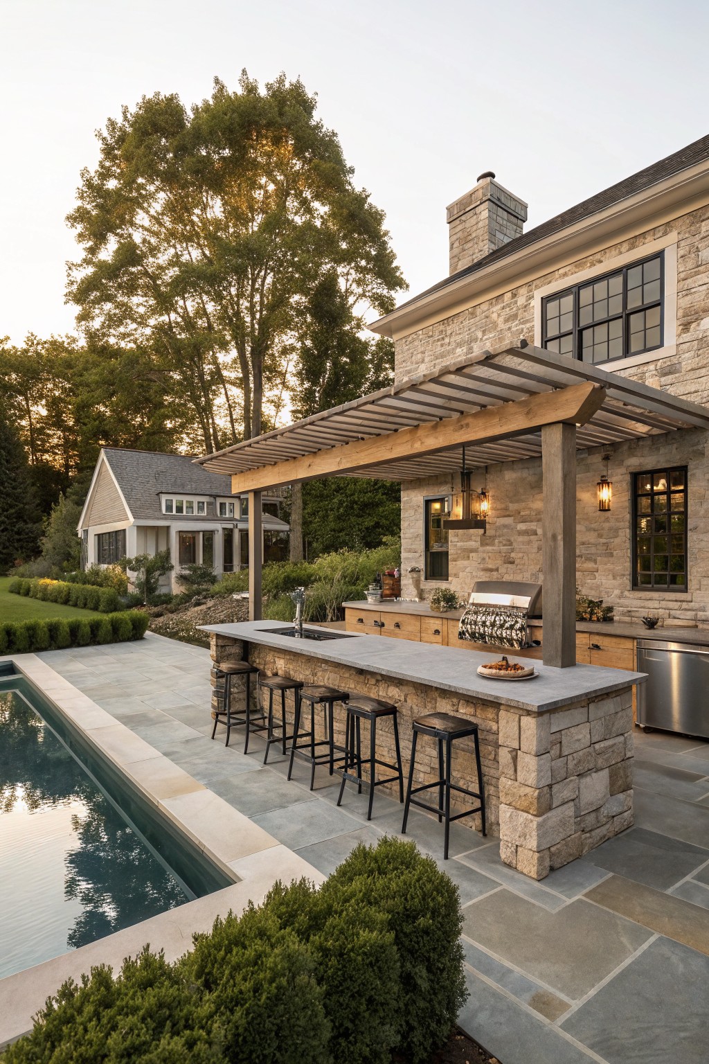 A stone outdoor kitchen with a wooden pergola, bar seating, grill, and adjacent pool next to a stone house.
