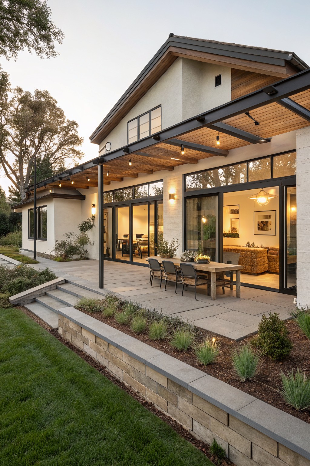 Modern farmhouse exterior with a covered patio, outdoor dining table, large glass doors, and a landscaped retaining wall in the foreground.