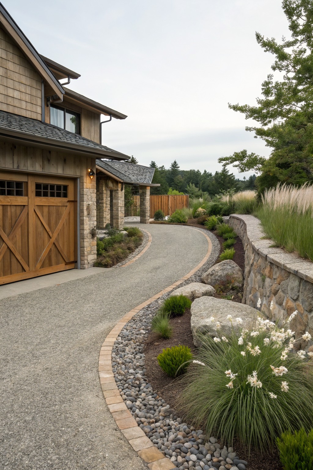 A rustic modern farmhouse with wood siding and a large wooden garage door features a curving gravel driveway bordered by stone edging and layered plants.