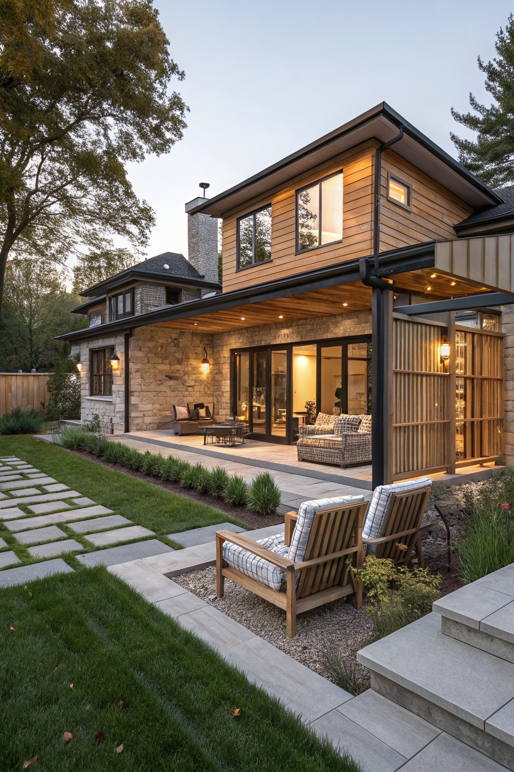 Modern stone-and-wood house with lit patio, outdoor chairs, and stone pathway at dusk