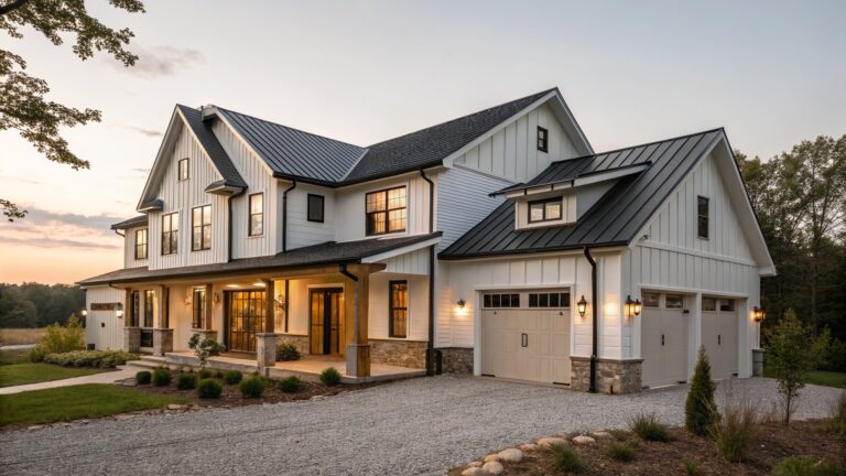 16 Rustic Modern Farmhouse Exterior Ideas That Balance Clean Lines and Country Texture A two-story modern farmhouse with white vertical siding, dark metal roof, stone on the porch and garage base, and a gravel driveway in front.