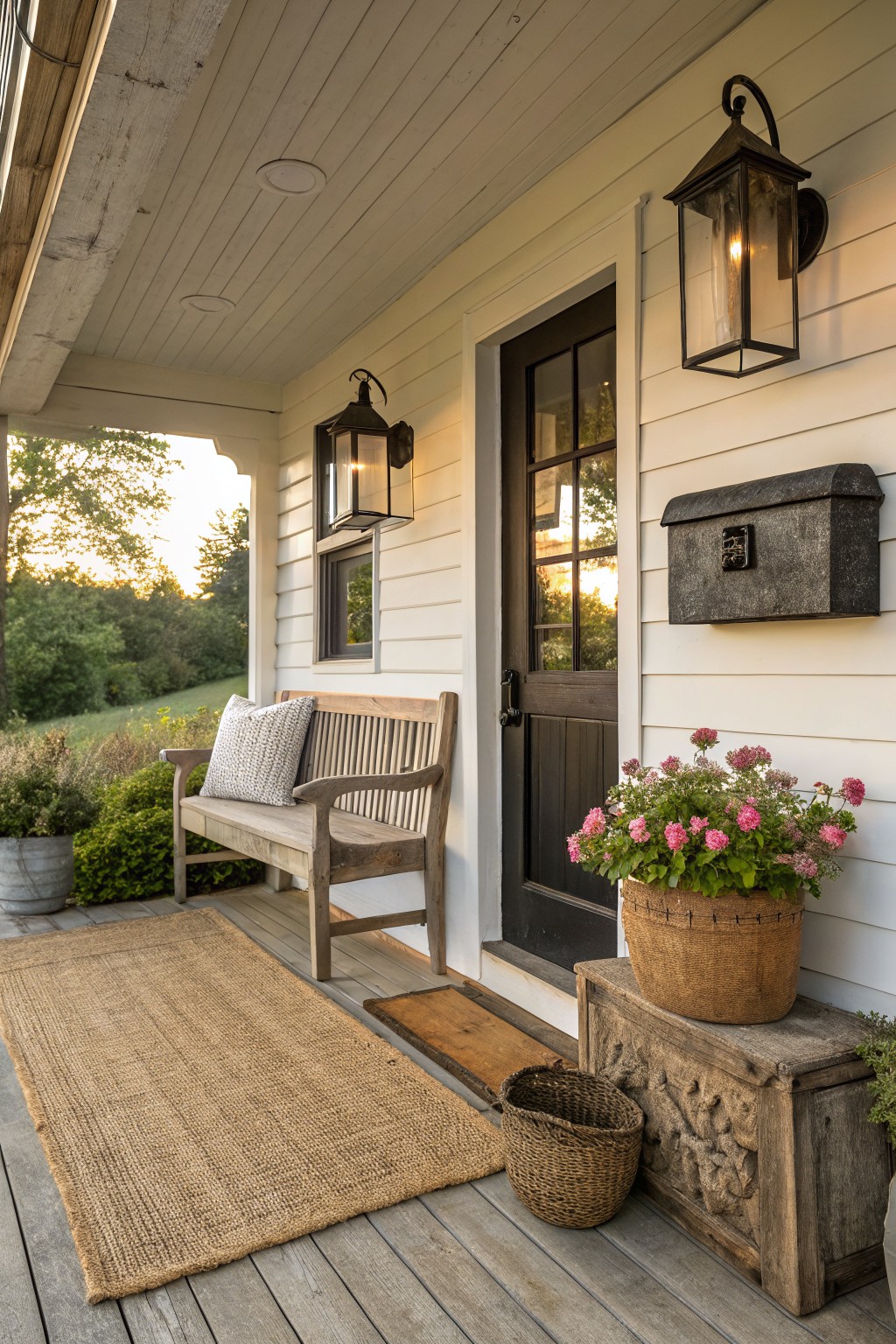 Rustic porch with wooden bench, jute rug, flower basket, and glowing lanterns