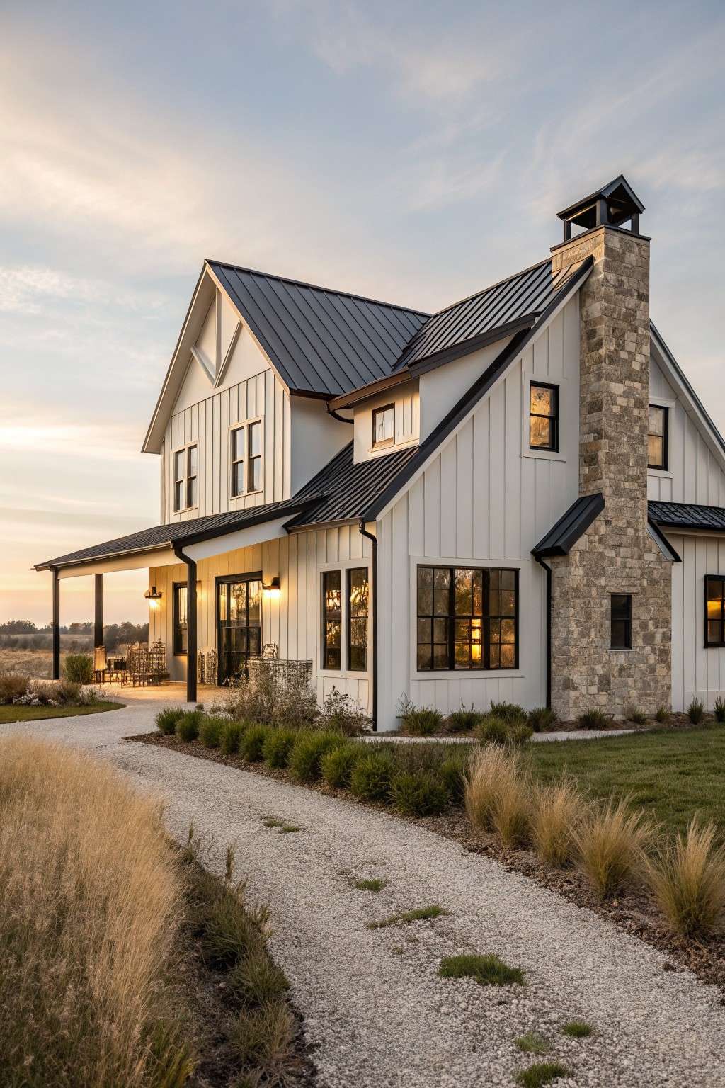Modern white farmhouse with black metal roof, stone chimney, and gravel driveway at dusk
