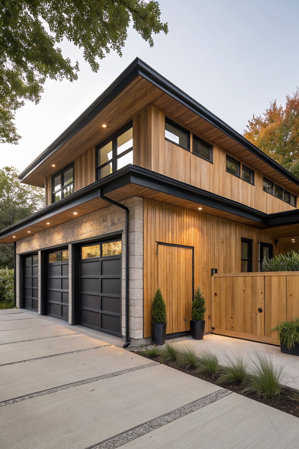 A modern two-story house with vertical wood siding on the upper level, stone at the base around the garage doors, and black metal roof and trim.