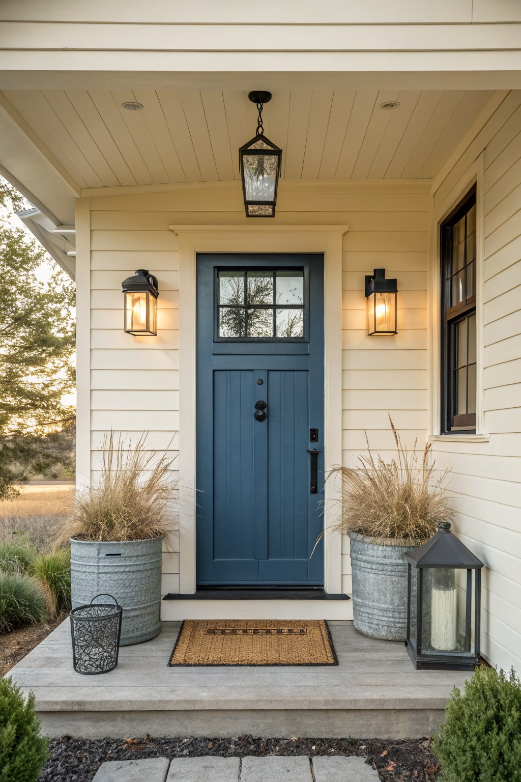 A house exterior featuring a deep blue front door with black hardware, flanked by two wall lanterns and two galvanized planters holding tall grasses on a concrete porch.