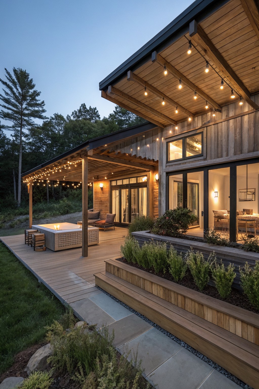 A modern rustic house with a large wooden deck, covered porch strung with lights, outdoor seating, and a built-in fire feature beside landscaped steps.