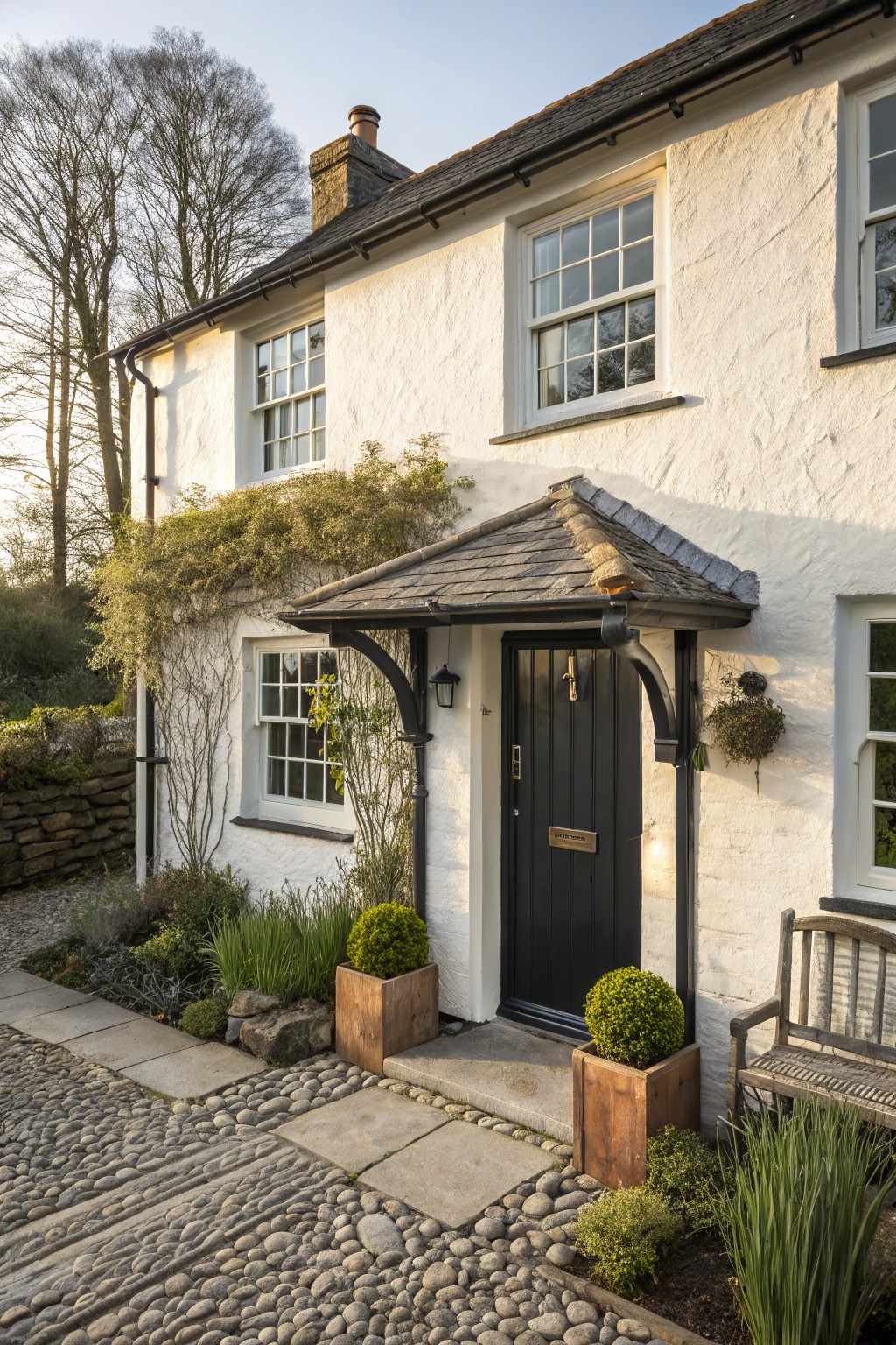 A white stucco farmhouse exterior with a black front door beneath a small slate canopy, two boxwood shrubs in wooden planters, and multi-pane windows.