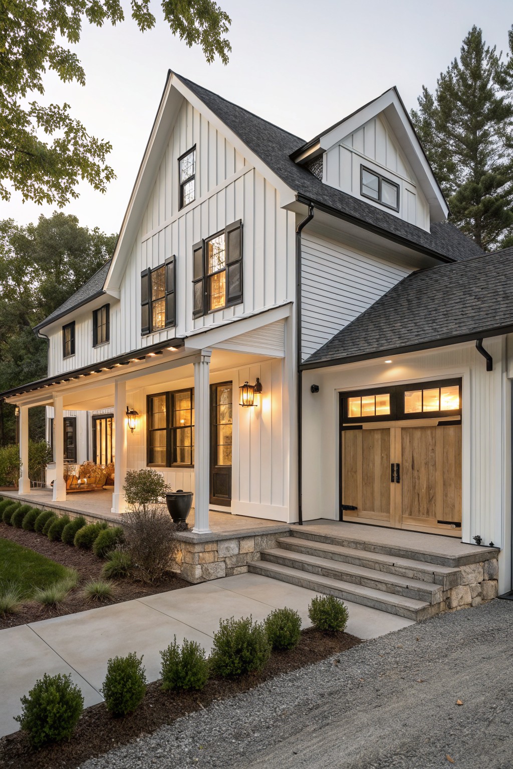 Modern white farmhouse with black trim, wooden garage doors, and illuminated porch.