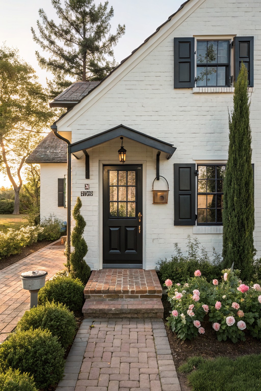 A small white brick farmhouse exterior with a black front door under a small gable, black shutters on the windows, and a brick path leading to the steps.
