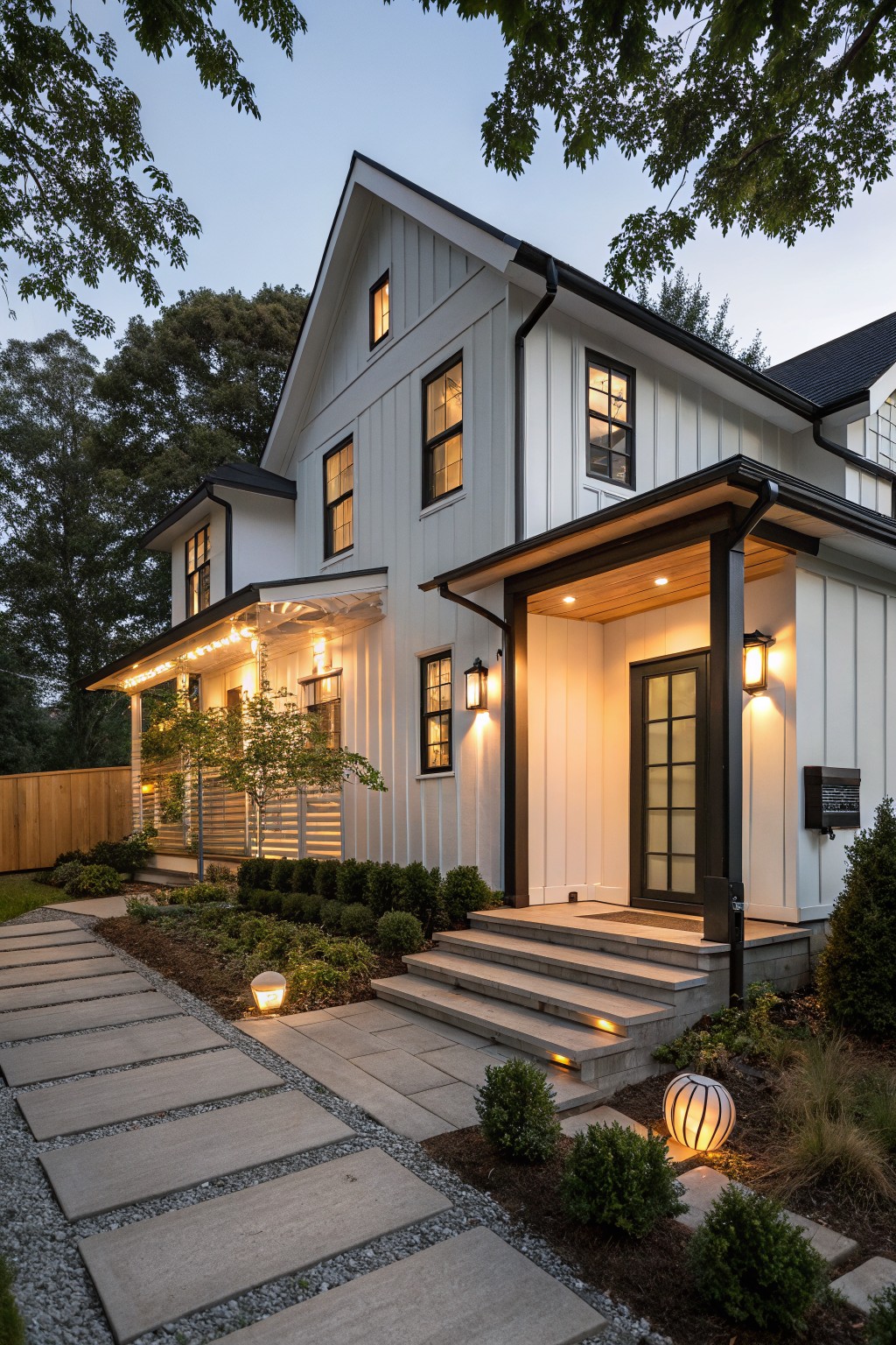 A small white farmhouse exterior at dusk with black trim, a dark front door, lit entry steps, and a stone pathway.
