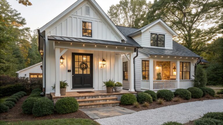 A small white farmhouse with a dark front door centered under a gabled porch, stone steps, and black lanterns on either side.