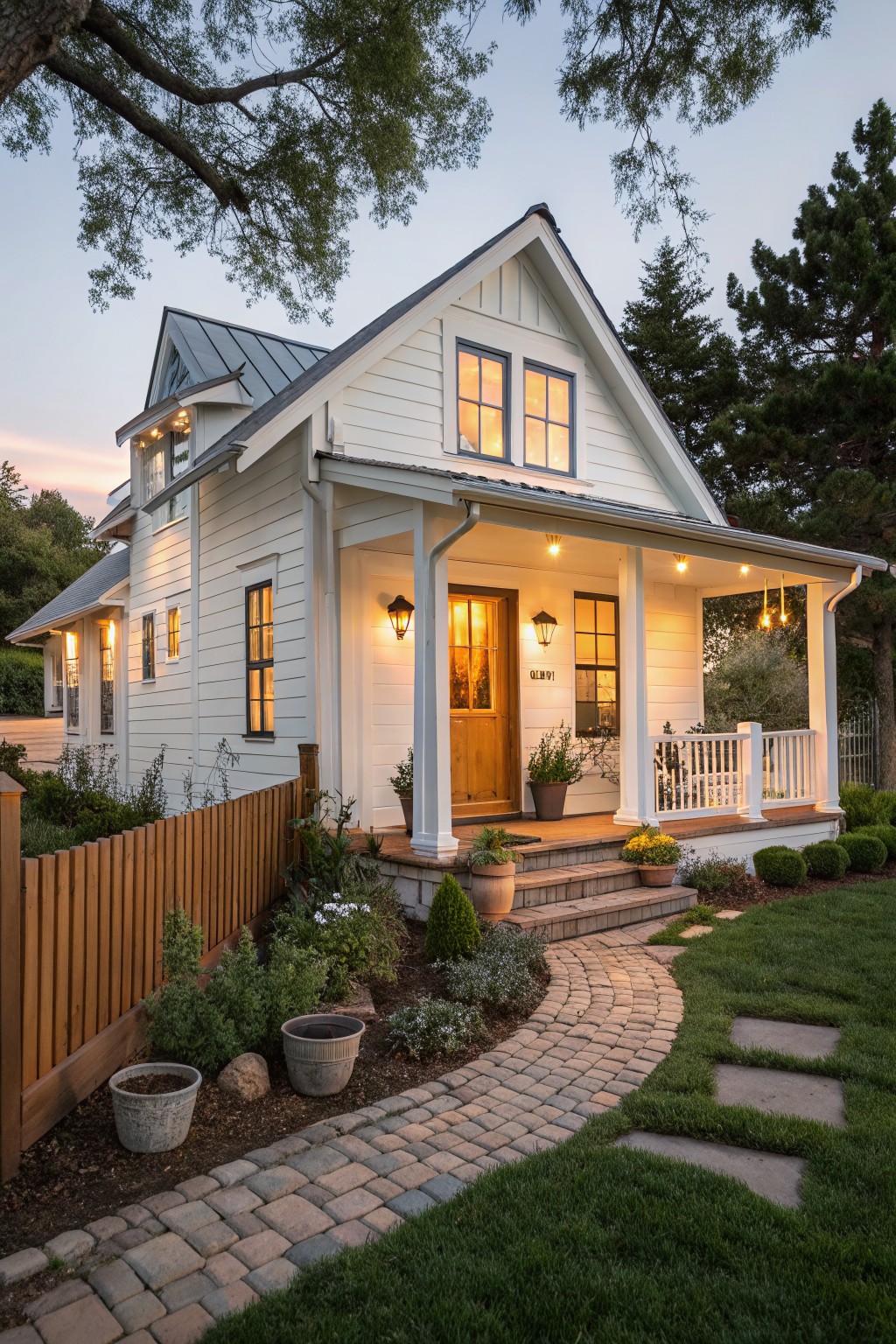 Charming white cottage at dusk with glowing porch, stone path, and garden.