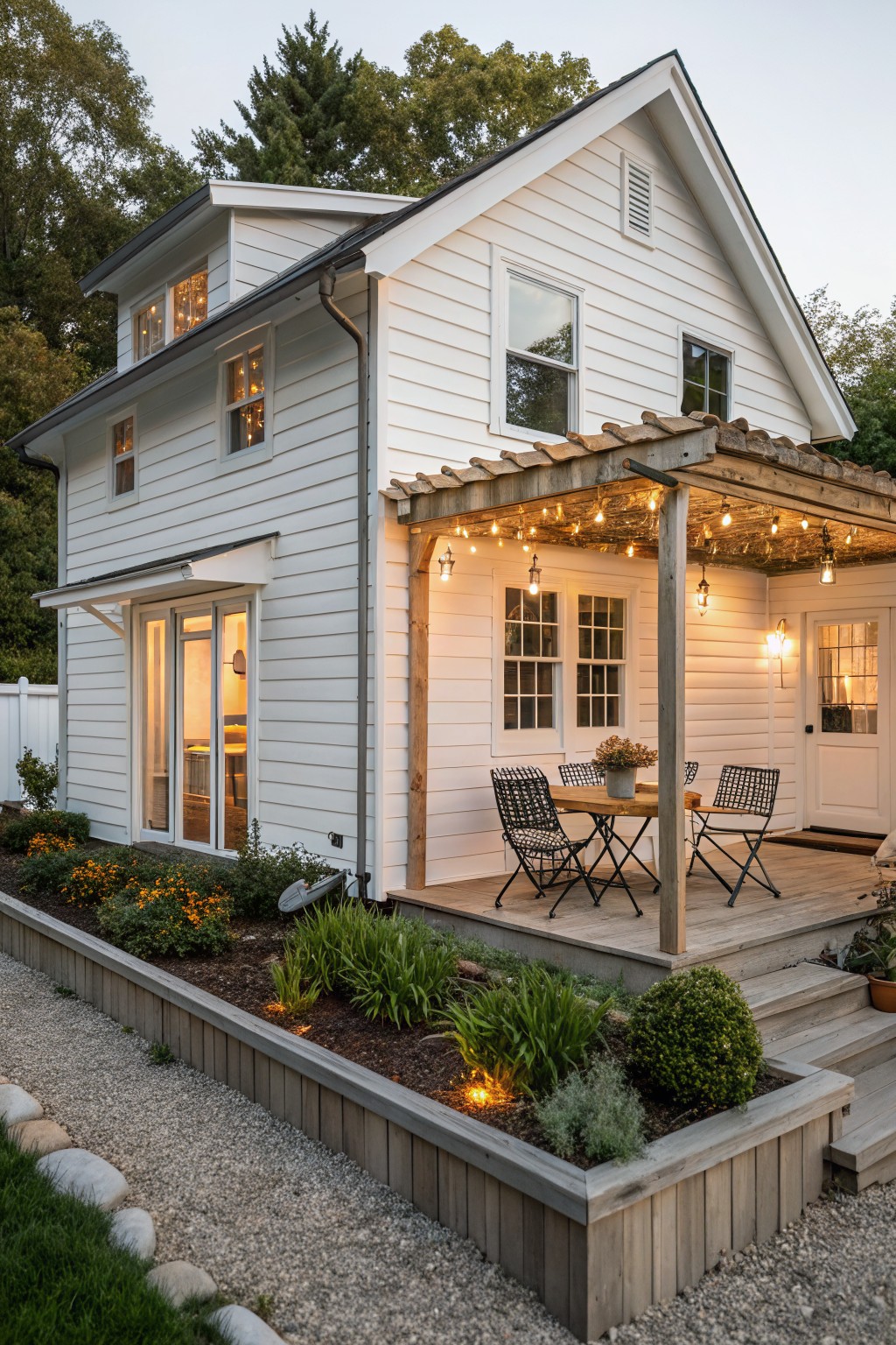 A compact two-story white farmhouse with horizontal siding, a gabled roof, and a wooden covered porch strung with lights.