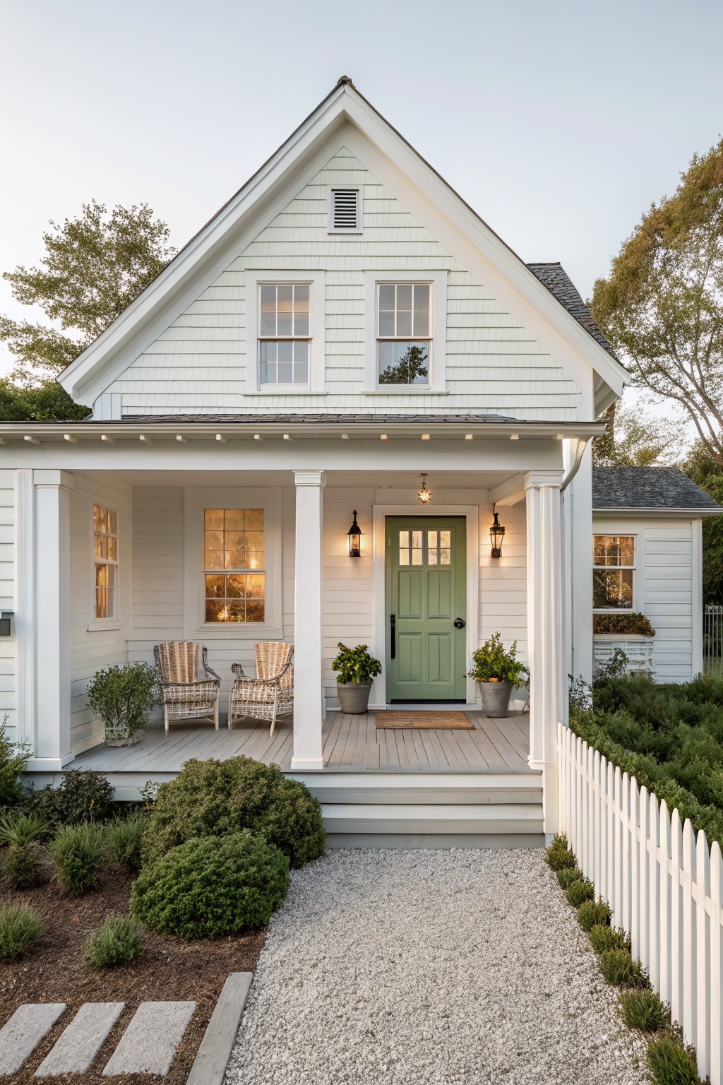 A small white farmhouse exterior with a light green front door, covered porch supported by white columns, and a gravel walkway leading to the steps.